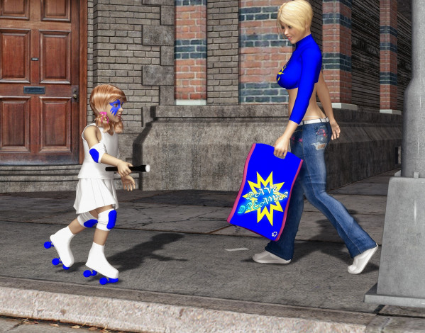 Обои картинки фото 3д графика, люди , people, улица, фон, взгляд, девушка, ребенок