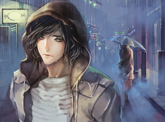 Обои картинки фото аниме, город,  улицы,  здания, девушка, парень, улица, дождь, зонт, капюшон, арт