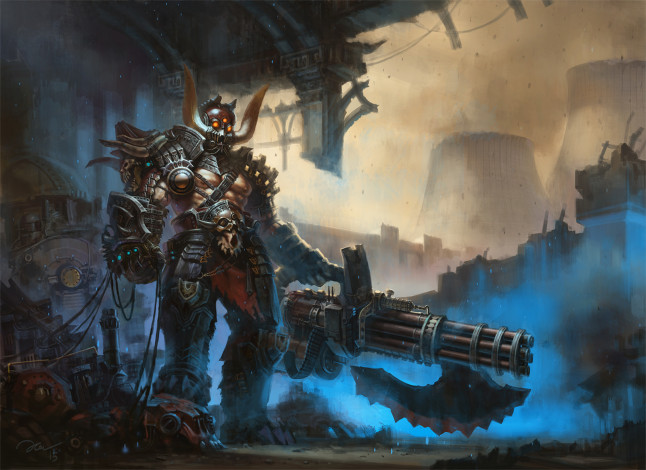 Обои картинки фото фэнтези, роботы,  киборги,  механизмы, фантастика, пулемет, мужчина, маска, броня, арт