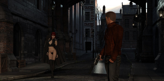 Обои картинки фото 3д графика, люди , people, фон, парень, взгляд, оружие, улица, девушка