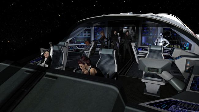 Обои картинки фото 3д графика, фантазия , fantasy, полет, космический, корабль, девушки, фон, взгляд