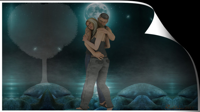 Обои картинки фото 3д графика, романтика , romantics, луна, парень, фон, взгляд, девушка