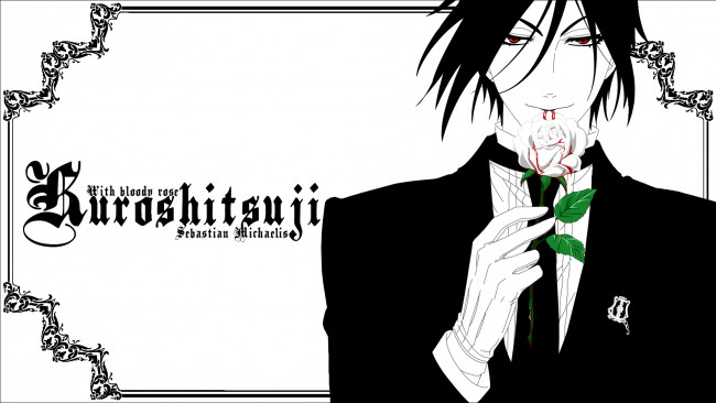 Обои картинки фото аниме, kuroshitsuji, демон, глаза, шипы, роза, art, yana, toboso, sebastian, michaelis