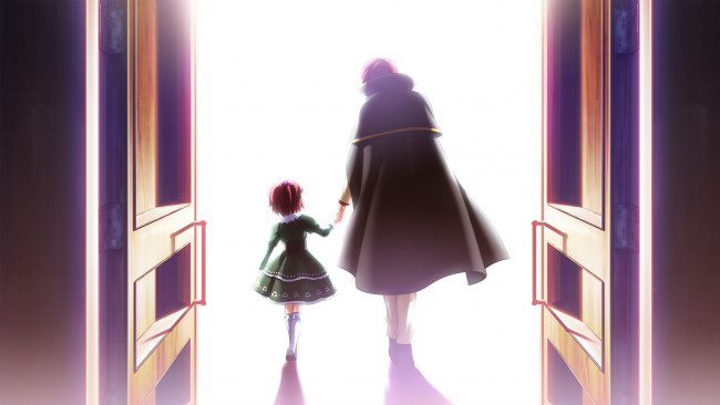 Обои картинки фото аниме, umineko no naku koro ni, двое, когда, плачут, чайки, battler, ushiromiya, плащ, спина, свет, двери, ange, umineko, no, naku, koro, ni