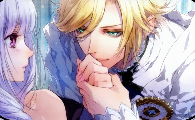 Обои картинки фото аниме, reine des fleurs, двое, руки, взгляд