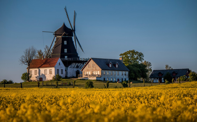Обои картинки фото разное, мельницы, швеция, burlоv, мельница, дома, поле