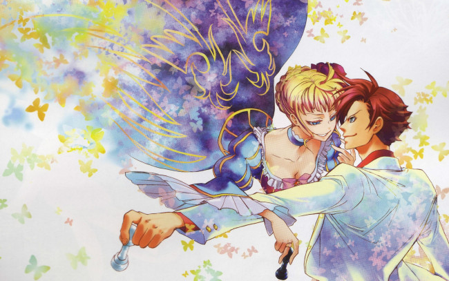 Обои картинки фото аниме, umineko no naku koro ni, двое, декольте, шахматы, бабочки, улыбка, когда, плачут, чайки, battler, ushiromiya, beatrice, umineko, no, naku, koro, ni