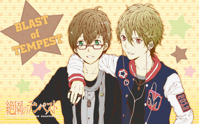 Обои картинки фото аниме, zetsuen no tempest, zetsuen, no, tempest, зеленые, глаза, друзья, звездочки, наушники, очки, ren, saizaki, art, yoshino, takigawa, mahiro, fuwa