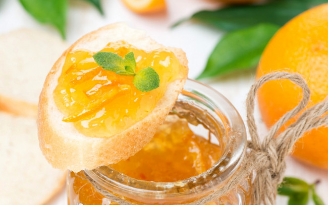 Обои картинки фото еда, мёд,  варенье,  повидло,  джем, джем, варенье, апельсин, оранжевый, багет, хлеб, мята