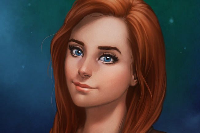 Обои картинки фото рисованное, люди, ресницы, лицо, девушка, рыжая, фон, улыбка