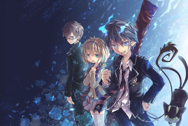 Обои картинки фото аниме, ao no exorcist, девушка, рин, rin, okumura, парни, blue, exorcist, kuro, юкио, окумура, ao, no, moriyama, shiemi, братья, синий, экзорцист, арт, north, abyssor