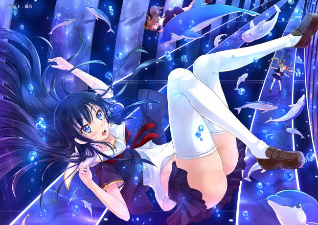 Обои картинки фото аниме, животные,  существа, рыбы, фон, взгляд, вода, девушки, дельфин