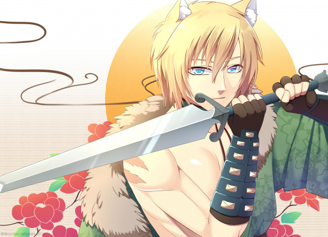 Обои картинки фото аниме, животные,  существа, арт, меч, парень