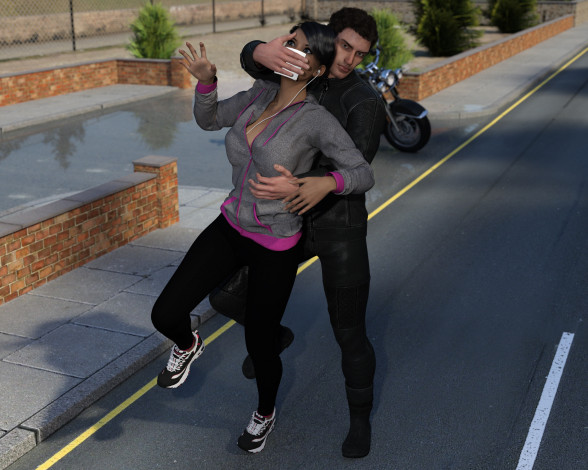 Обои картинки фото denise jogging to trouble, 3д графика, фантазия , fantasy, парень, фон, взгляд, девушка