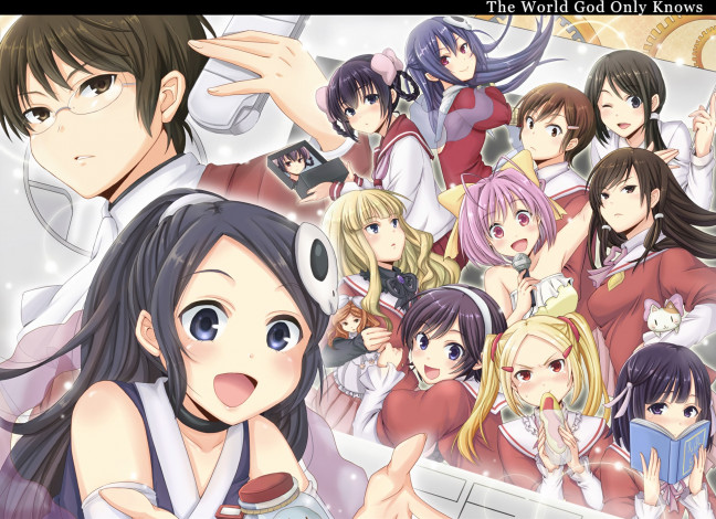 Обои картинки фото kami nomi zo shiru sekai, аниме, девушки, фон, взгляд