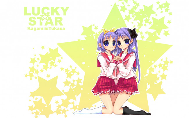 Обои картинки фото аниме, lucky star, фон, взгляд, девушки