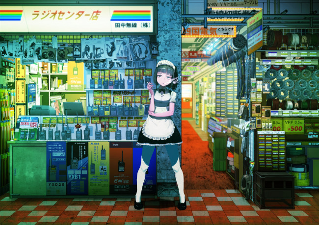 Обои картинки фото аниме, город,  улицы,  здания, девушка