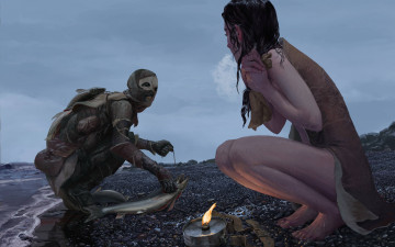 Картинка фэнтези красавицы+и+чудовища огонь облака взгляд холод небо девушка берег существо рыба