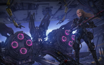 Картинка фэнтези роботы +киборги +механизмы фантастика девушка робот блондинка ружье киборг