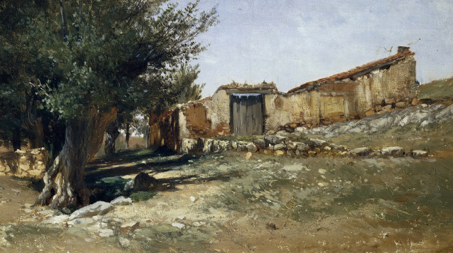 Обои картинки фото рисованное, живопись, пейзаж, в, арагоне, карлос, де, хаэс, дерево, дом, развалины, картина