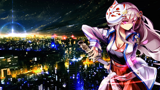 Обои картинки фото аниме, оружие,  техника,  технологии, фон, взгляд, девушка