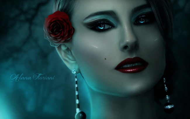 Обои картинки фото фэнтези, девушки, лицо, девушка, взгляд, фарфор, арт, макияж, кукла, роза, цветок