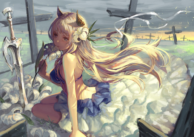 Обои картинки фото аниме, ангелы,  демоны, кресты, девушка, цветок, tamarashi, рожки, меч, лилия