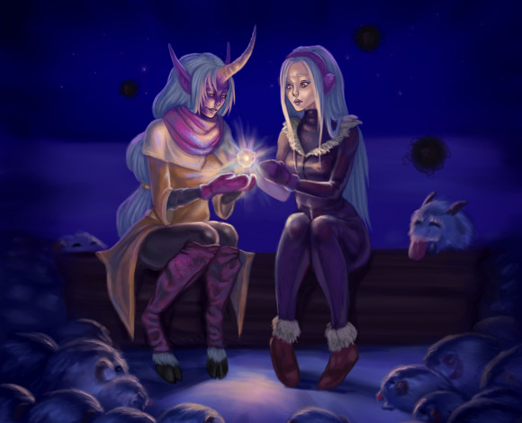 Обои картинки фото видео игры, league of legends, девушки, бревно, огонек, существа, сорака