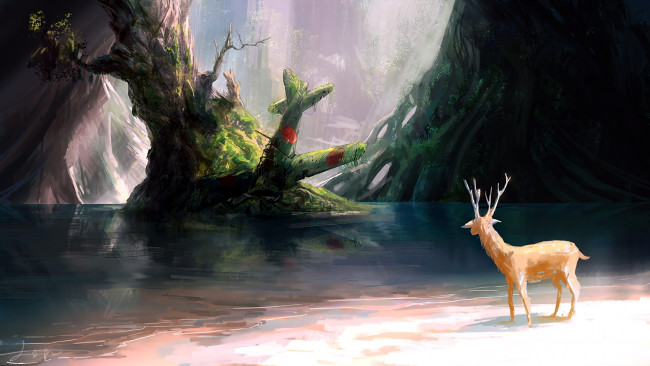 Обои картинки фото рисованное, животные,  олени, олень, берег, озеро, самолет, деревья