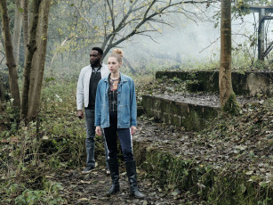 обоя кино фильмы, we hunt together , сериал, девушка, мужчина, ступени, лес