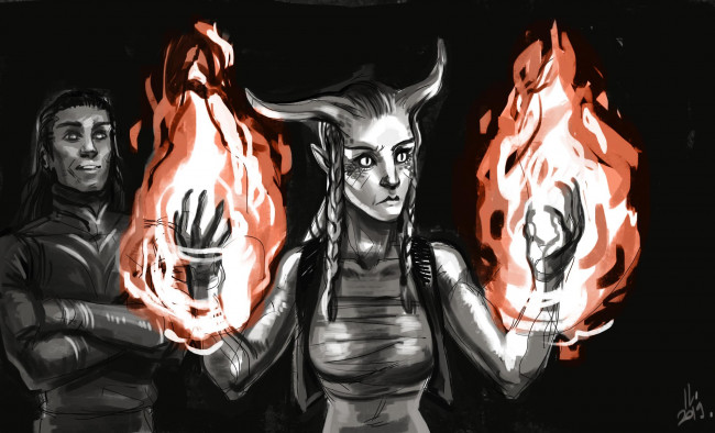 Обои картинки фото видео игры, league of legends, мужчина, девушка, рога, огонь