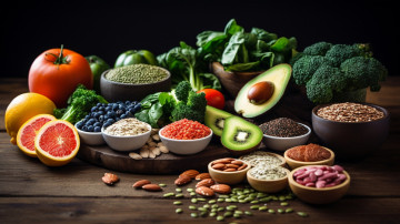 Картинка еда разное брокколи авокадо базилик орехи помидоры киви цитрусы ягоды