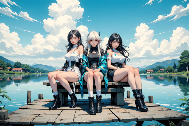 Обои картинки фото аниме, unknown,  другое , девушки, скамейка, причал, озеро, дома