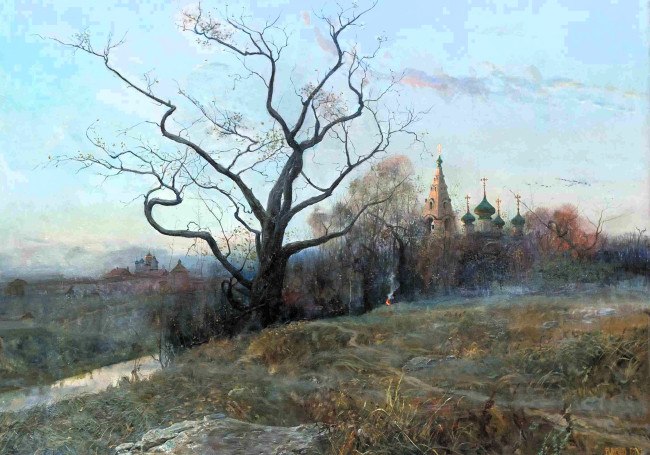 Обои картинки фото рисованное, павел рыженко, дерево, осень, тропа, холмы, церкви