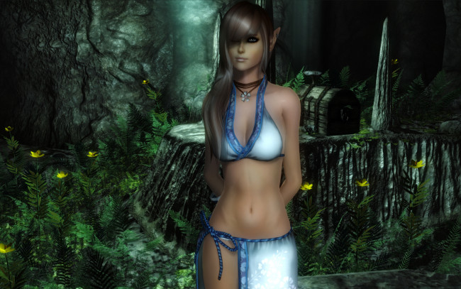 Обои картинки фото 3д, графика, elves, эльфы, уши, пещера, свет, сундук, папоротник