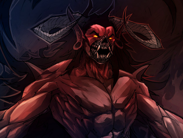Обои картинки фото фэнтези, демоны, глаза, клыки, тьма, рога, арт, демон