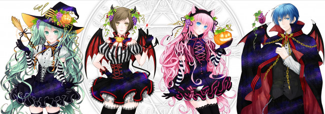 Обои картинки фото аниме, vocaloid, kaito, meiko, парень, хеллоуин, hatsune, miku, виноград, megurine, luka, шляпа, костюмы, тыква, девушки