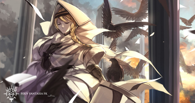 Обои картинки фото аниме, pixiv fantasia, колонны, ворона, птицы, fallen, kings, swd3e2, девушка