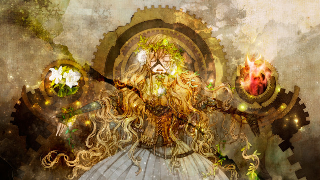 Обои картинки фото аниме, *unknown , другое, yukiko, hotori, nico, singer, пение, платье, шестеренки, девушка, перчатки, повязка, корсет, цветы