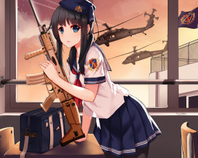 Картинка аниме оружие +техника +технологии вертолёты девушка allenes