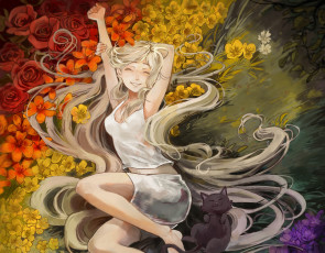 Картинка аниме животные +существа поляна кот девочка picolo-kun настроение лето цветы