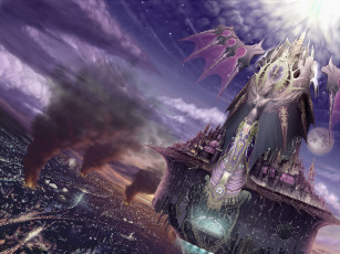 Картинка аниме город +улицы +здания парит остров фантастика небо арт popobobo