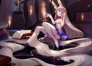 Картинка аниме животные +существа арт девушка волосы морковка кролик ушки книга магия crimson k night