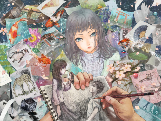 Обои картинки фото аниме, unknown,  другое, капли, рисунки, девочка, арт, afrostar, карандаш, рука, рыбы