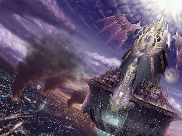 Обои картинки фото аниме, город,  улицы,  здания, парит, остров, фантастика, небо, арт, popobobo