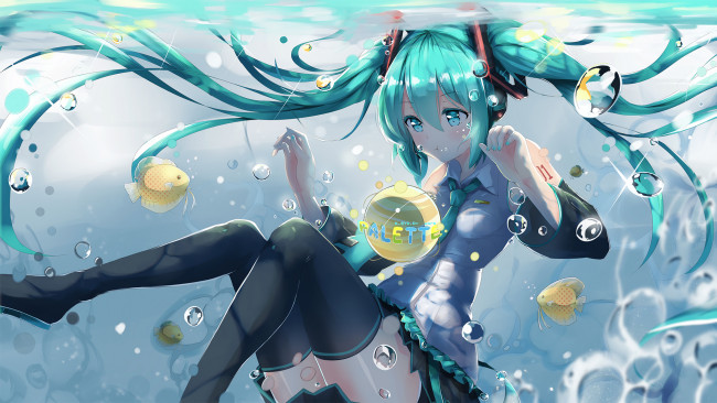 Обои картинки фото аниме, vocaloid, hatsune, miku, kuroi, asahi, арт, рыбки, вода, девушка, пузырьки