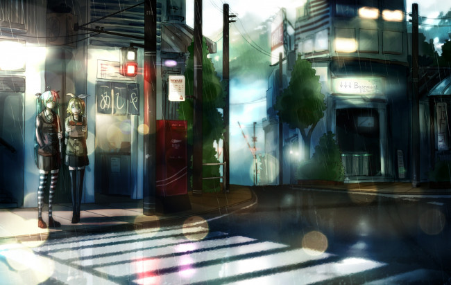 Обои картинки фото аниме, vocaloid, город, suppakarn, prakobkij, soompook2122, девушки, дождь, kagamine, rin, hatsune, miku