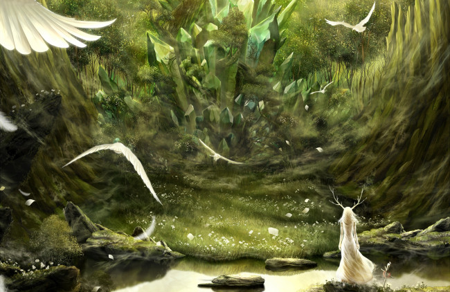 Обои картинки фото аниме, животные,  существа, bouno, satoshi, девушка, арт, камни, кристаллы, лес, рога, птицы