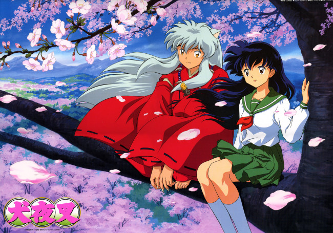 Обои картинки фото аниме, inuyasha, higurashi, kagome, весна, дерево, сакура, инуяша, кагоме