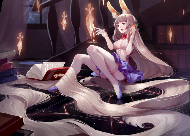 Обои картинки фото аниме, животные,  существа, арт, девушка, волосы, морковка, кролик, ушки, книга, магия, crimson, k, night